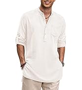 COOFANDY Men's Linen Henley Shirts Long Sleeve Collarless T-Shirts Longline Kurta Beach Shirts wi...