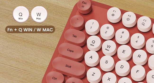 Burgundy retro keyboard showing Fn shortcuts for Windows and Mac mode switching.