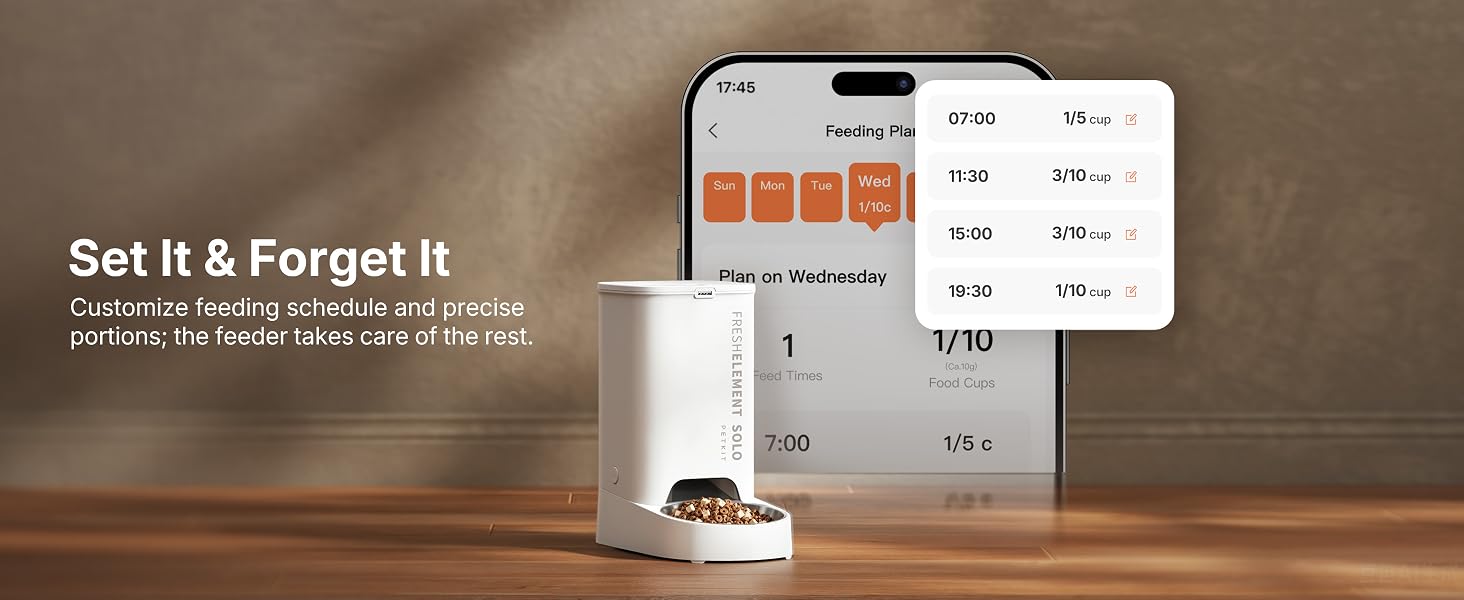 Text reads 'Set it & Forget it' and shows white cylindrical device with orange accents on wooden surface. Mobile phone displaying app interface visible alongside product packaging.