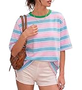Sofier Womens Striped T Shirts Summer Tops Short Sleeve, Cute Loose Casual Soft Cotton Crewneck B...