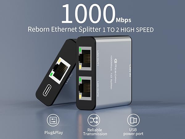 Reborn Ethernet Splitter 1 to 2 High speed 1000Mbps