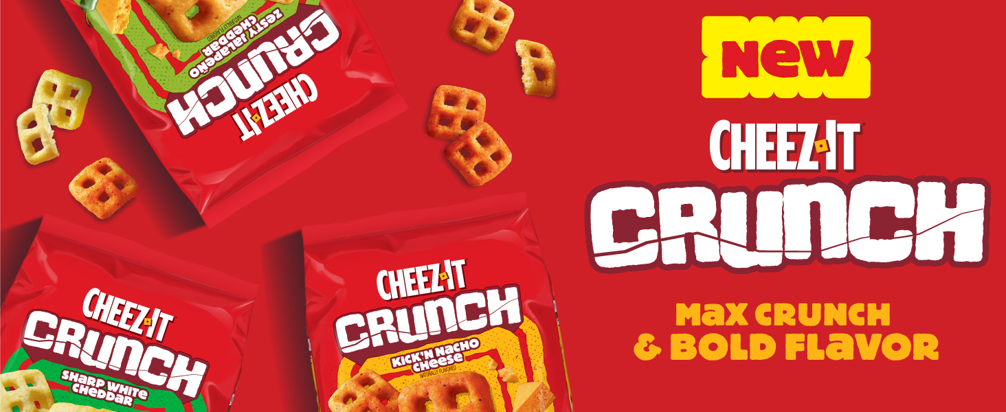 Overhead view of 3 bags of new Cheez-it crunch on red background, max crunch bold flavor