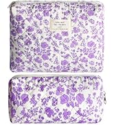 2Pcs Quilted Makeup Bag Set Flower Cute Pencil Case Large Small Travel Makeup Pouch Set for Women...