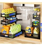 AURIKAR Under Sink Organizer 3 Tier, 2 Pack L-Shaped Pull-Out Cabinet Organizer with Sliding Meta...