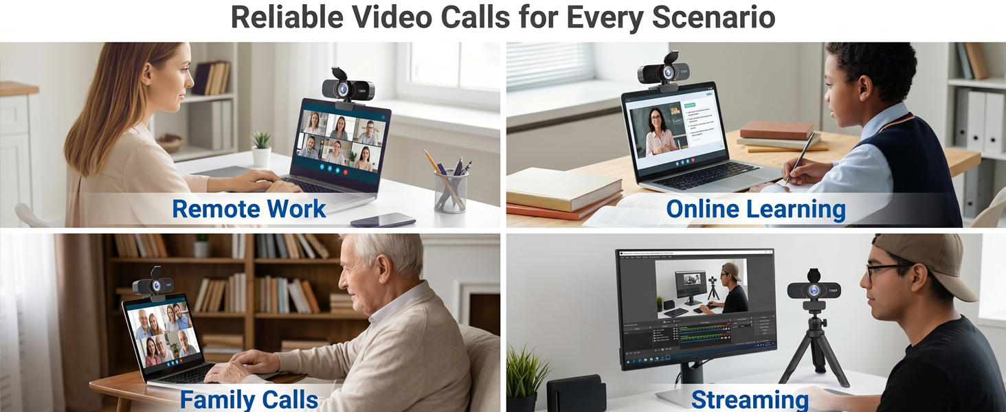 4 side scenes: Remote Work, Online Learning, Family Calls, Streaming. Weishin webcam.