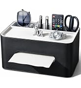 PU Leather Tissue Box Cover Rectangular with Storage Organizer Tray, Multifunctional Remote Contr...