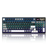 Mechanical gaming keyboard with blue LED backlighting shown from multiple angles, featuring black keycaps and full-size layout.