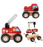 WoodenEdu Construction Vehicles for Toddlers, 2 Pcs Wooden Detachable Assemble Cranes and Tractor...