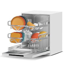 Open dishwasher with three racks, displaying colorful plates and glasses. Interior features stainless steel finish and adjustable racks for efficient loading and cleaning of various dishes.