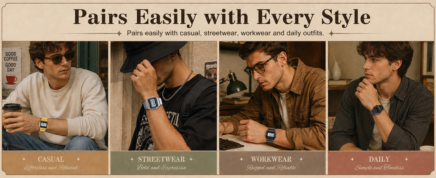 Men's retro watch styled with casual, streetwear, office and everyday outfits