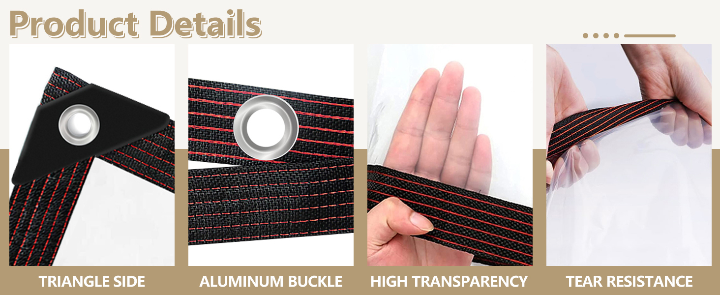 Product feature demonstration showing brown woven material with aluminum buckle, highlighting triangle side design and tear resistance properties.