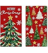 Croar Merry Christmas Tree Red Kitchen Dish Towels Set of 2, Xmas Pine Trees Snowflake Drying Han...