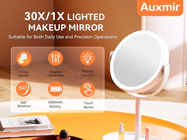 Auxmir 30X/1X lighted makeup mirror with 3 color, stepless dimmable, touch sensor, 2000mAh battery