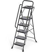KINGRACK 5 Step Ladder, Sturdy Steel Step Stool with Anti-Slip Wide Pedals, Handrail, Safe-Lock D...