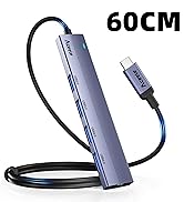 Gray USB hub adapter with multiple ports and blue accent cable, featuring a 60cm flexible black cable and USB-C connector.