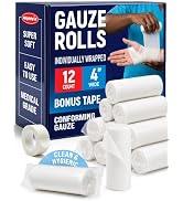 12 Gauze Rolls - 4" x 4.1yd - Soft and Breathable Rolled Gauze - Latex-Free Premium Individually ...