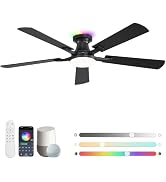 ZMISHIBO 52 Inch Smart Ceiling Fans with RGB Lights, Low Profile Flush Mount Ceiling Fan with Ale...