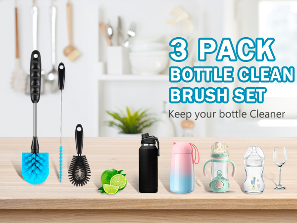Bottle Brush Set of Three,Washable Coffee Cups, Water Bottles, Baby Bottles