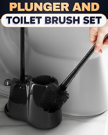 A hand lifts the black brush from a plunger scrubber combo holder beside a white toilet bowl