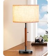 EDISHINE Mid Century Table Lamp, Pull Chain Switch Bedside Lamp with Linen Shade, Solid Wood Pole...
