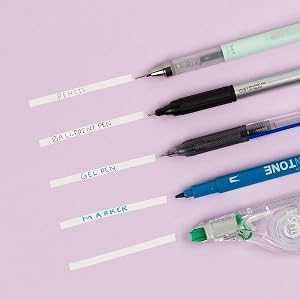 Correction tape strips being written over with a pencil, pen, gel pen, and marker.
