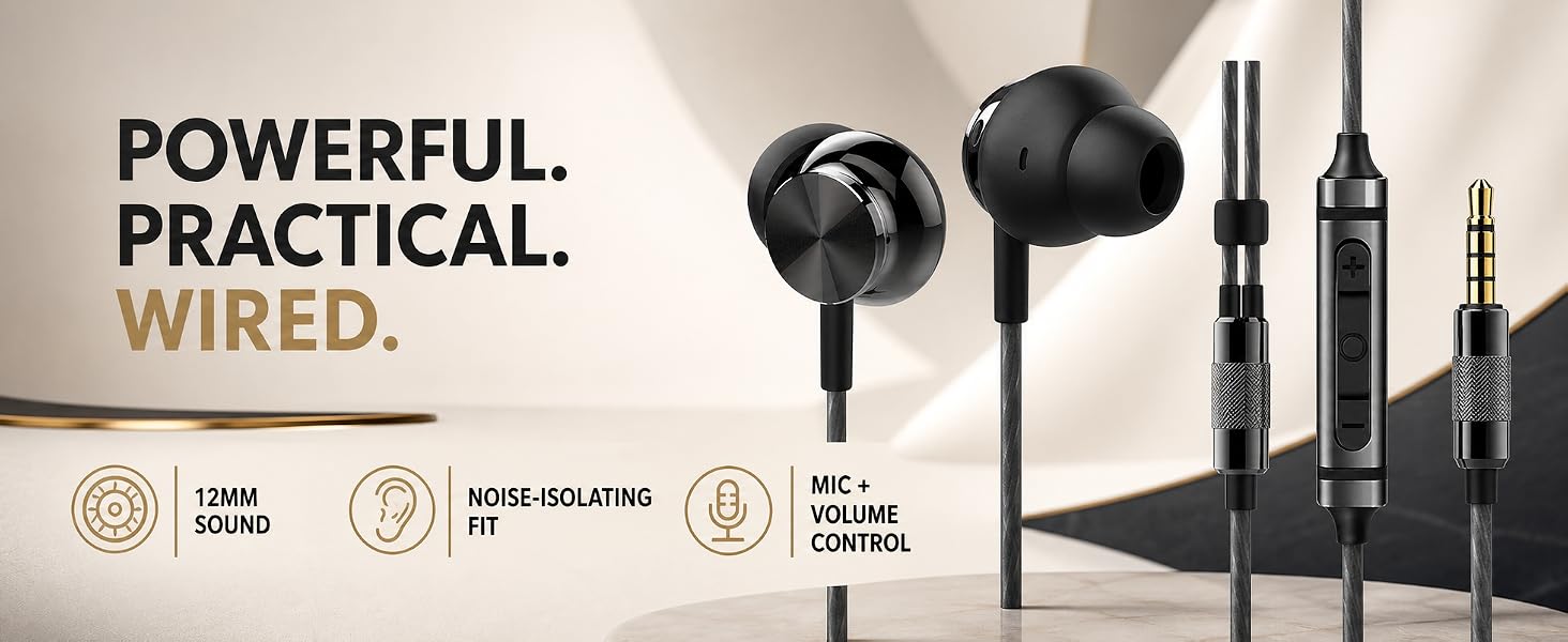 Black wired earbuds with inline controls and text highlighting powerful, practical features.