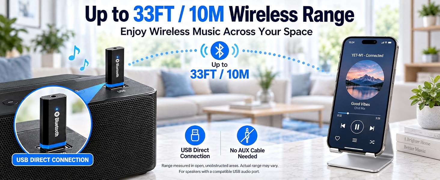 Bluetooth audio receiver with up to 33FT wireless range and direct USB audio connection