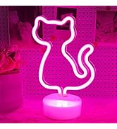 Cat Neon Signs with Holder Base, Cute Pink Cat Night Light USB or Battery Powered Room Decor, Tab...