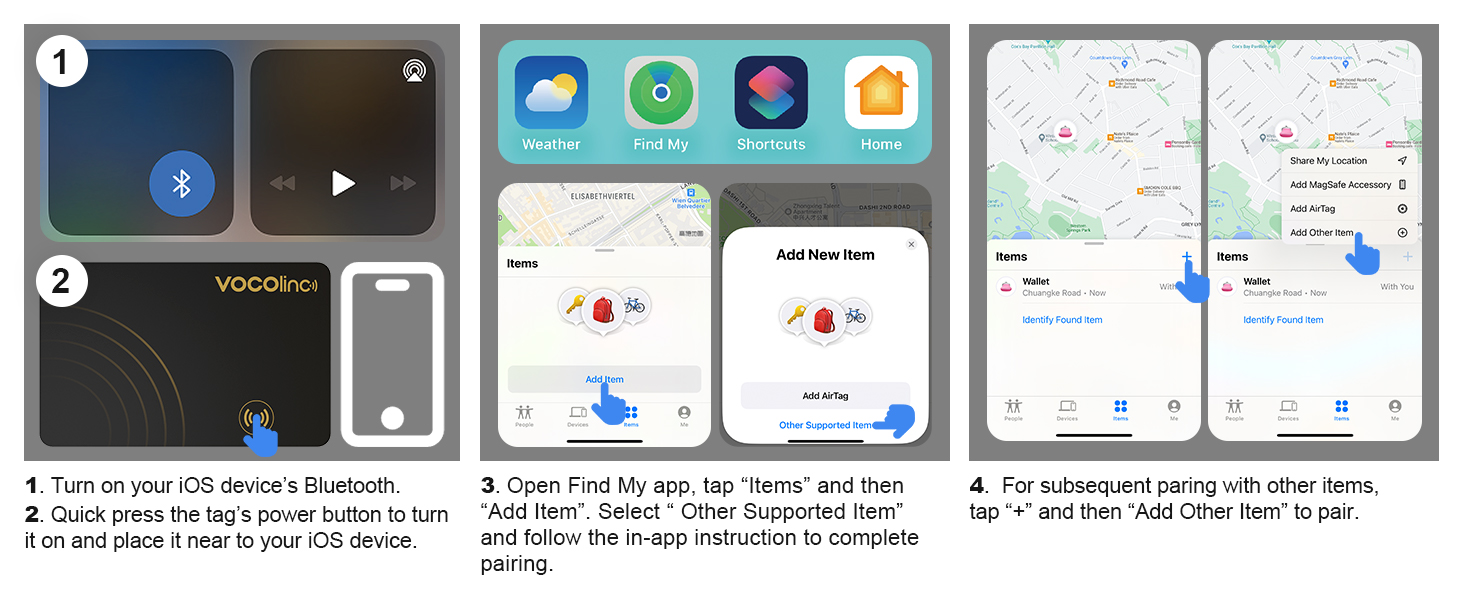 Mobile app interface screenshots showing step-by-step navigation instructions with maps, location markers, and sharing features spread across multiple panels.