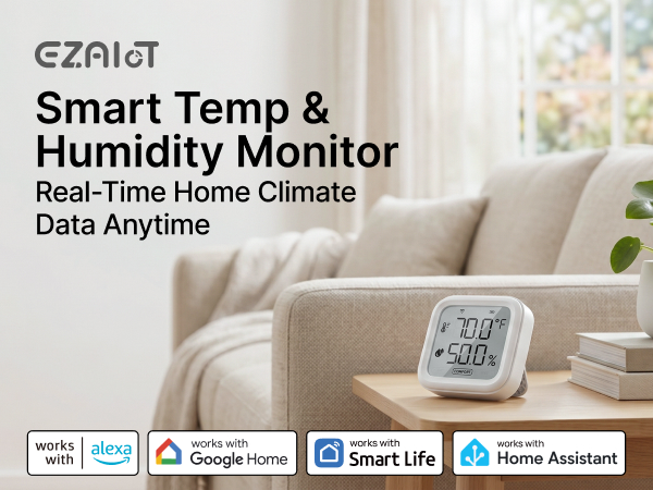 EZAIoT WiFi temperature humidity monitor with LCD display for smart home climate control