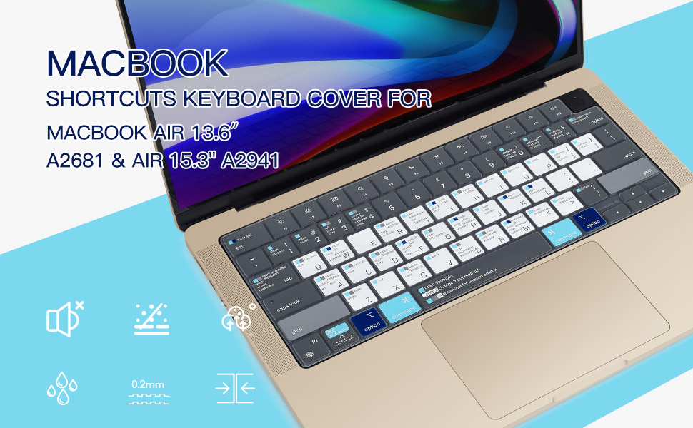 MacBook Shortcuts Keyboard Cover for 2023 MacBook Air 15.3" M2 A2941, MacBook Air 13.6 M2 Chip A2681