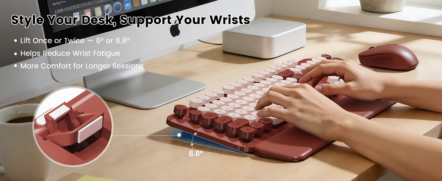 Burgundy retro keyboard and mouse with adjustable tilt legs for comfortable typing.