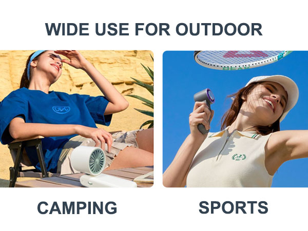 Portable handheld fan demonstrated in outdoor settings. Left panel shows camping use, right panel shows sports use. Fan provides cooling for various outdoor activities.