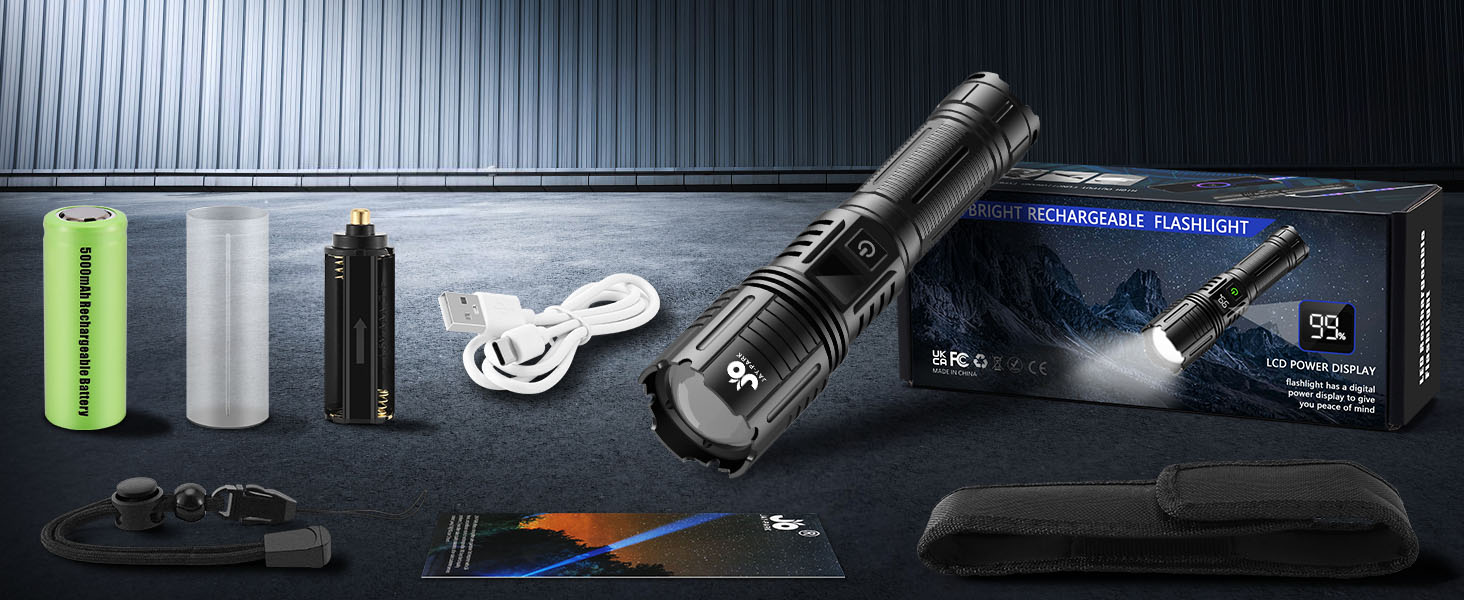Tactical flashlight kit including black flashlight body, battery, charger, and accessories displayed on dark surface with packaging.