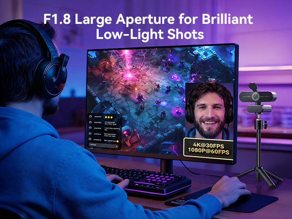 EMEET C60E 4K Webcam with Tripod F1.8 Large Aperture