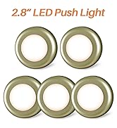 Five circular LED push lights with gold-colored rims. Text indicates they are 2.8 inches in diameter.