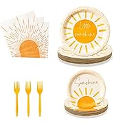 G1ngtar 96Pcs Boho Sun Party Tableware Set - Include Paper Plates Napkins Yellow Forks, First Tri...