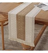 Boho Burlap Macrame Table Runner, Farmhouse Style Cotton Linen Rustic Woven Table Runner with Tas...