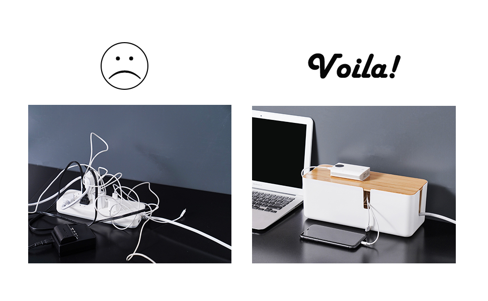 Text reads 'Voila!' with sad face emoji above. Two product photos: tangled white charging cables and desk organizer with laptop and white storage box.