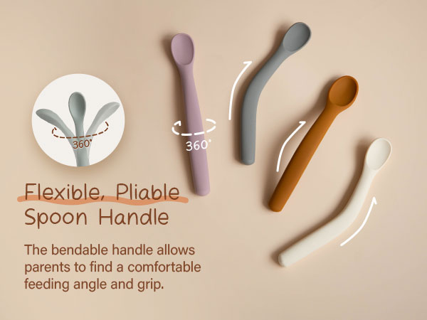 Text reads 'Flexible, Pliable' and 'Spoon Handle'. Text reads 'The bendable handle allows parents to find a comfortable feeding angle and grip.' Series of curved utensil handles shown.