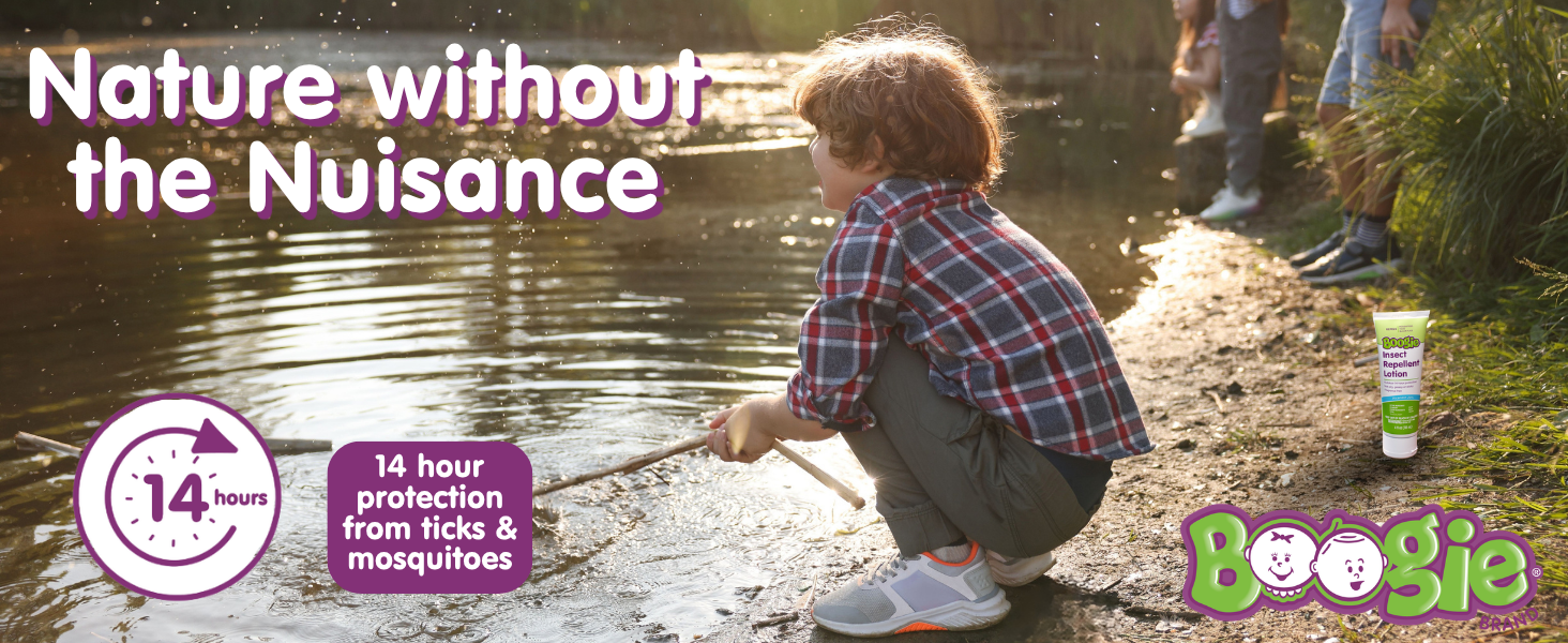 boogie insect repellent up to 14 hours protection child playing by a lake.