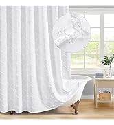 MitoVilla White Boho Fabric Shower Curtain with Tufted, Modern Farmhouse Cloth Shower Curtains fo...