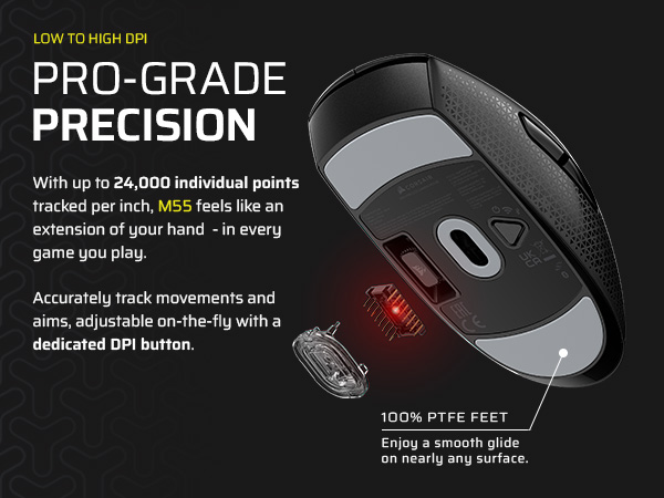 24k DPI optical sensor; PTFE mouse feet; DPI button; low to high DPI; precision mouse