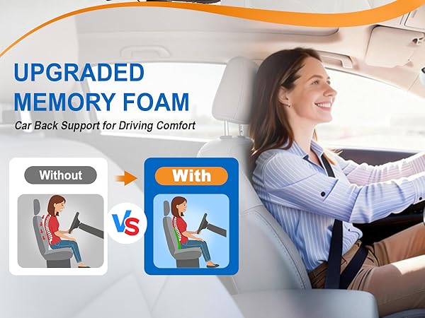 Upgraded memory foam car seat back support improves posture and relieves back pain while driving.