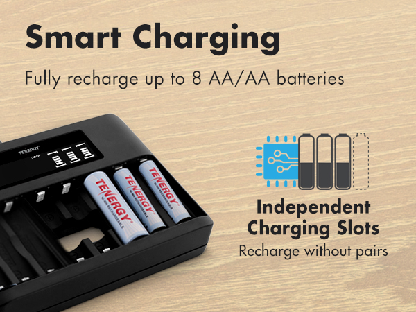 Fully recharge any odd number of batteries, up to 8 AA or AAA batteries, at the same time