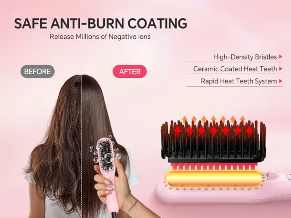 Enhanced Ceramic Hair Straightener Brush, 2-in-1 Ionic Straightening Brush with Anti-Scald Feature