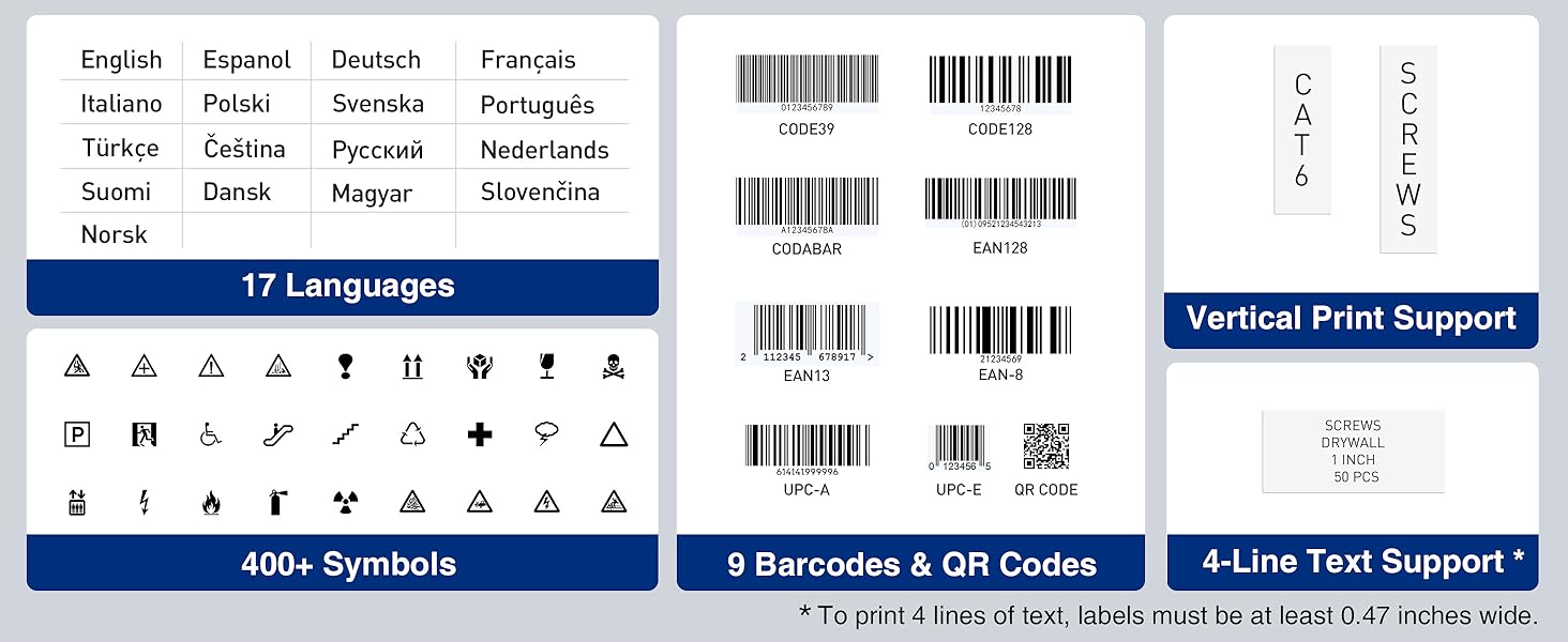 To print 4 lines of text, labels must be at least 0.47 inches wide.