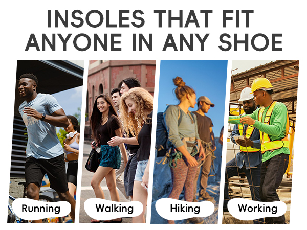 Advertisement for versatile insoles showing four images of people in different activities: running, walking, hiking, and working, with text 'INSOLES THAT FIT ANYONE IN ANY SHOE'.