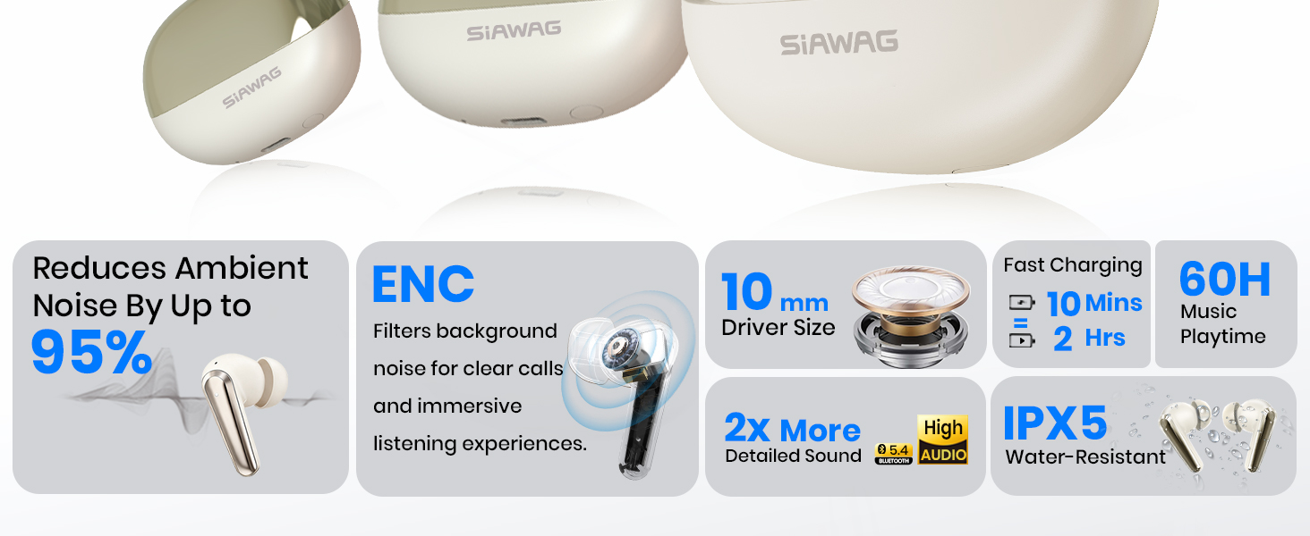 Wireless Earbuds, Bluetooth 5.4 Headphones Sport, Over Ear Buds With ENC Noise Cancelling Mic, 70H