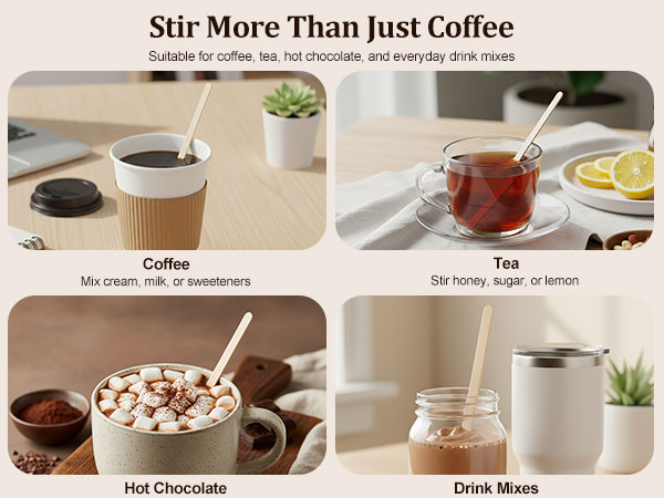 Wooden drink stirrers for coffee, tea, hot chocolate and drink mixes